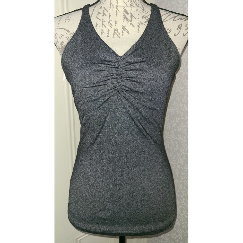 Prana gray ruched front stretch racerback workout tank top, ladies' size M